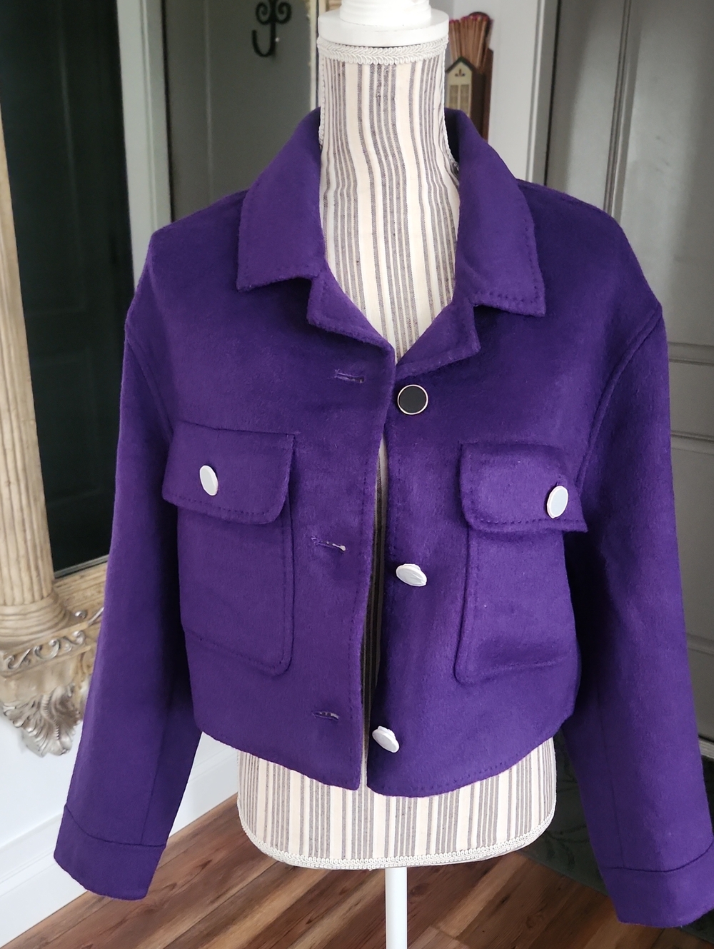 House Of Harlow Fleece Wool Blend Purple Women's Cropped Button Jacket